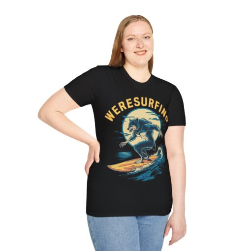 Weresurfing! Werewolf Under Full Moon Graphic Tee - Unisex Softstyle T-shirt - Image 3