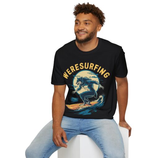 Weresurfing! Werewolf Under Full Moon Graphic Tee - Unisex Softstyle T-shirt - Image 7
