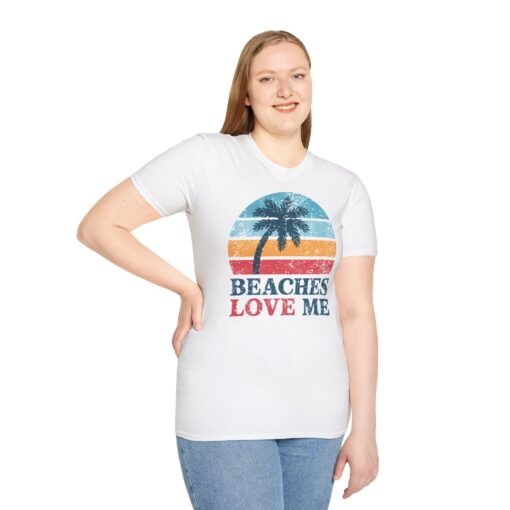Beaches Love Me Softstyle Tee - Retro Sunset Palms Shirt - Image 3