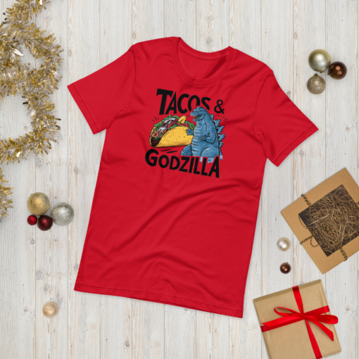 Funny Taco and Godzilla Graphic Tee - Tacos and Godzilla Shirt - Image 104