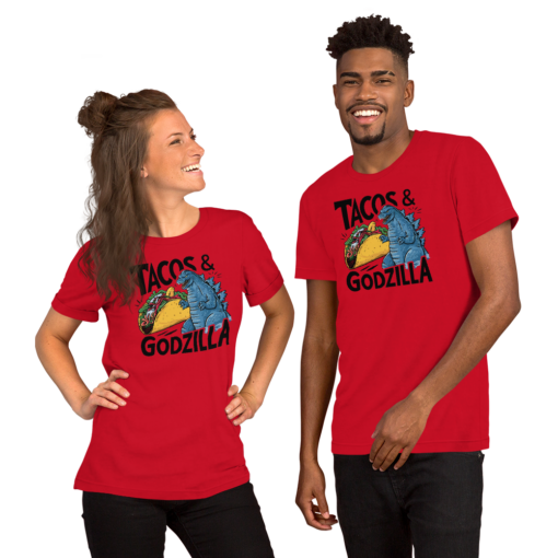 Funny Taco and Godzilla Graphic Tee - Tacos and Godzilla Shirt - Image 114