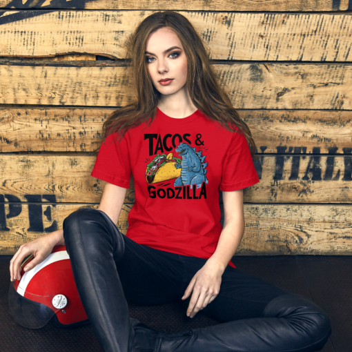 Funny Taco and Godzilla Graphic Tee - Tacos and Godzilla Shirt - Image 105