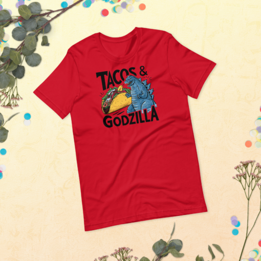 Funny Taco and Godzilla Graphic Tee - Tacos and Godzilla Shirt - Image 95